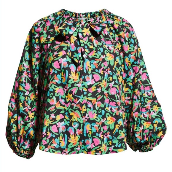 Tanya Taylor Womens Top Isla Painterly Puff Lantern Sleeve Multicolor Blouse M - Picture 1 of 12
